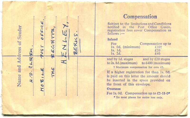 Registered letter GBR 1960 June 30th Henley Mobile Post Office A with registration label Henley on Thames 9154 reverse
