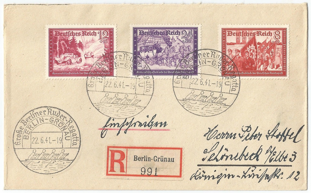 Registered Letter GER 1941 June 22nd with PM Grosse Berliner Ruder Regatta and registration label No. 991 arrival PM on back