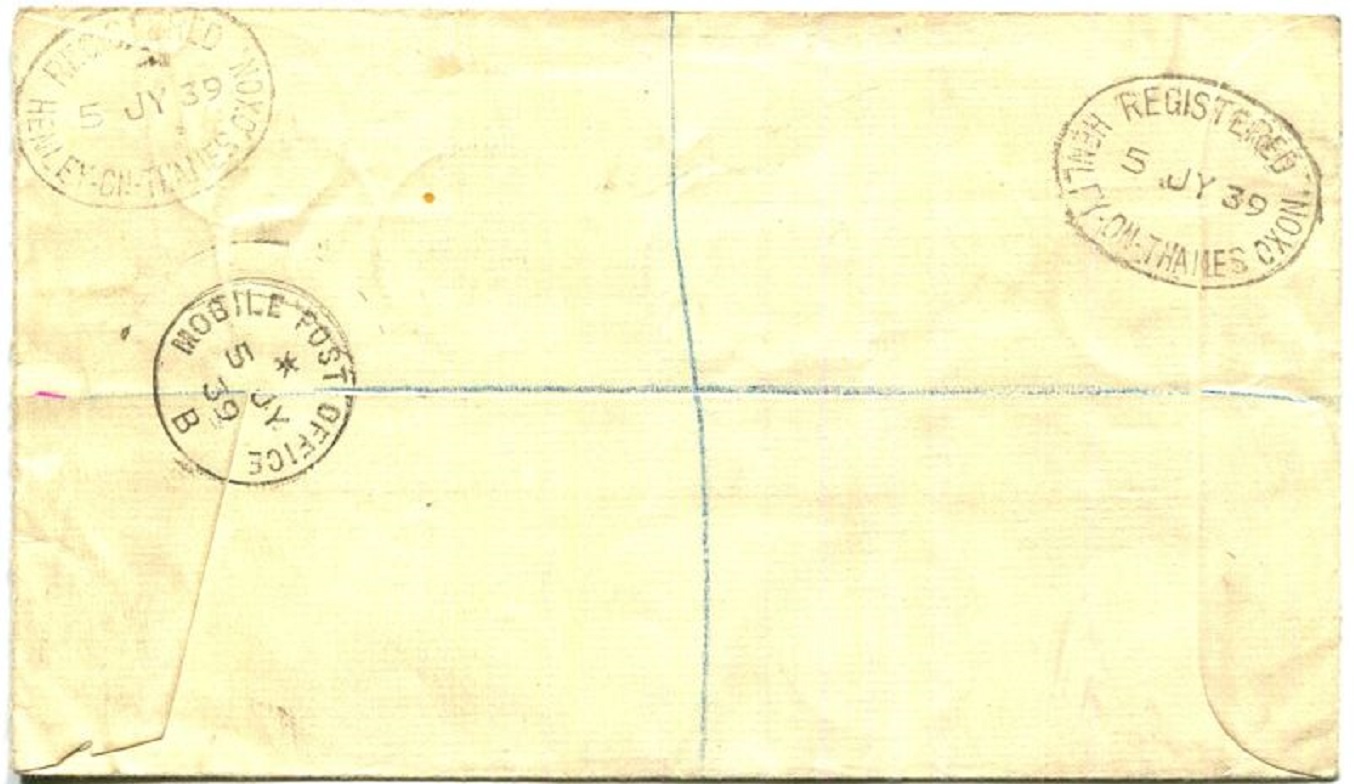 Registered letter GBR 1939 Hnley Regatta reverse