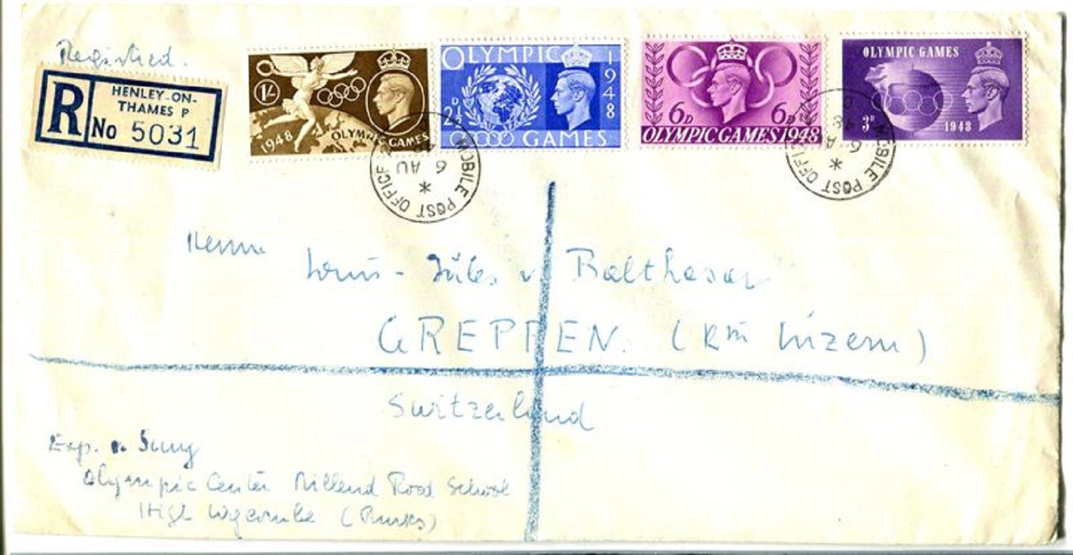 Registered letter GBR 1948 Aug. 6th OG London Henley Mobiile Post Office C with registration label Henley on Thames No. 5031 front
