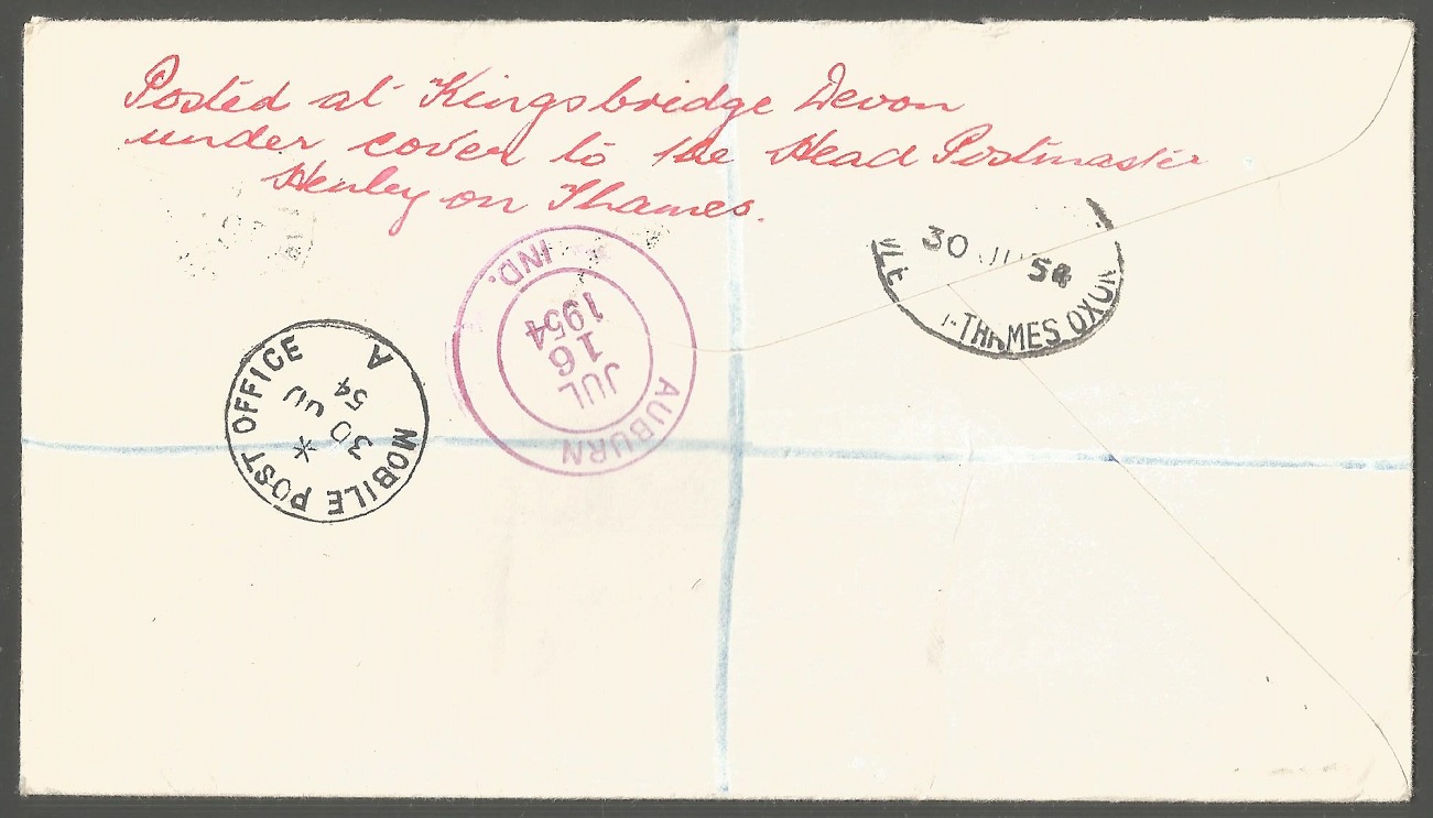 Registered letter GBR 1954 June 30th with PM Mobile Post Office Henley and registration label Henley on Thames No. 9758 reverse