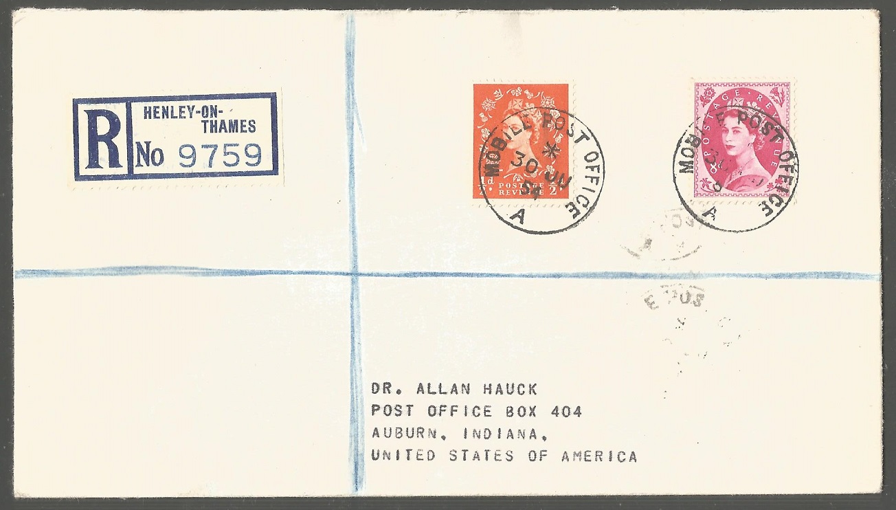 Registered letter GBR 1954 June 30th with PM Mobile Post Office Henley and registration label Henley on Thames No. 9759