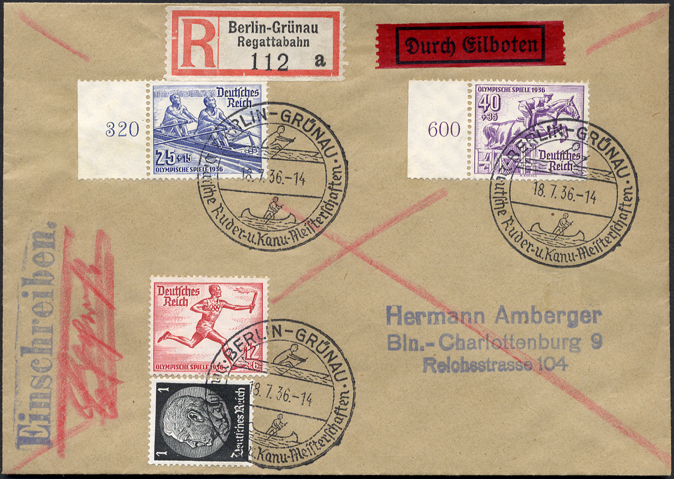 Registered letter GER 1936 July 18th Berlin Gruenau German Rowing Championsships