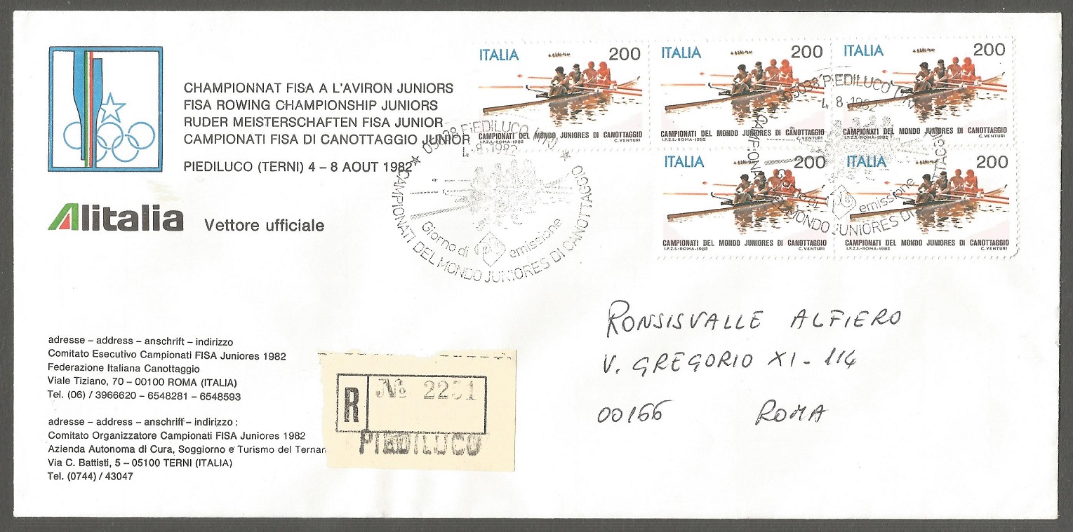 Registered letter ITA 1982 Aug. 4th JWRC Piediluco with registration label No. 2251 and arrival PM on back