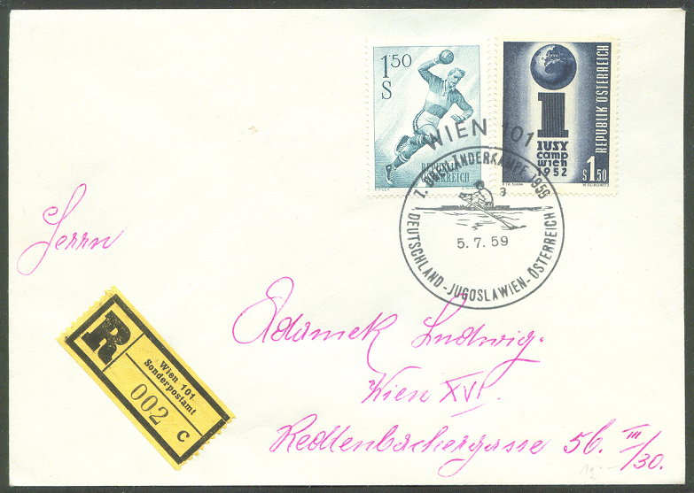 registered letter aut 1959 july 5th vienna 7th three country match ger yug aut with registration label wien 101 sonderpostamt 002 cl