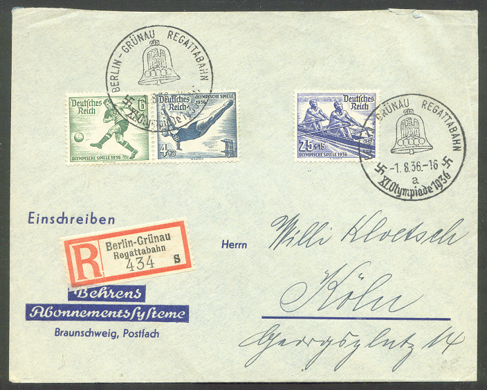 registered letter ger 1936 aug. 1st og berlin with pm berlin gruenau regattabahn a and registration label no. 434 s arrival pm on back
