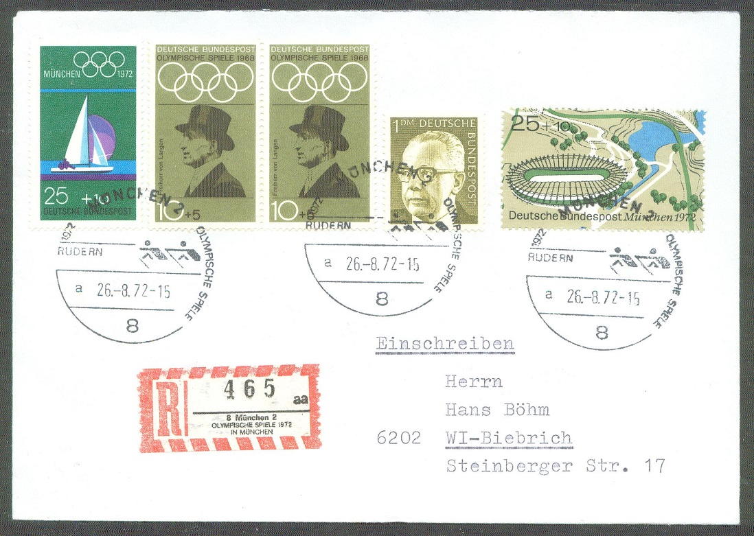 registered letter ger 1972 aug. 26th munich opening day with pm og munich pictogram