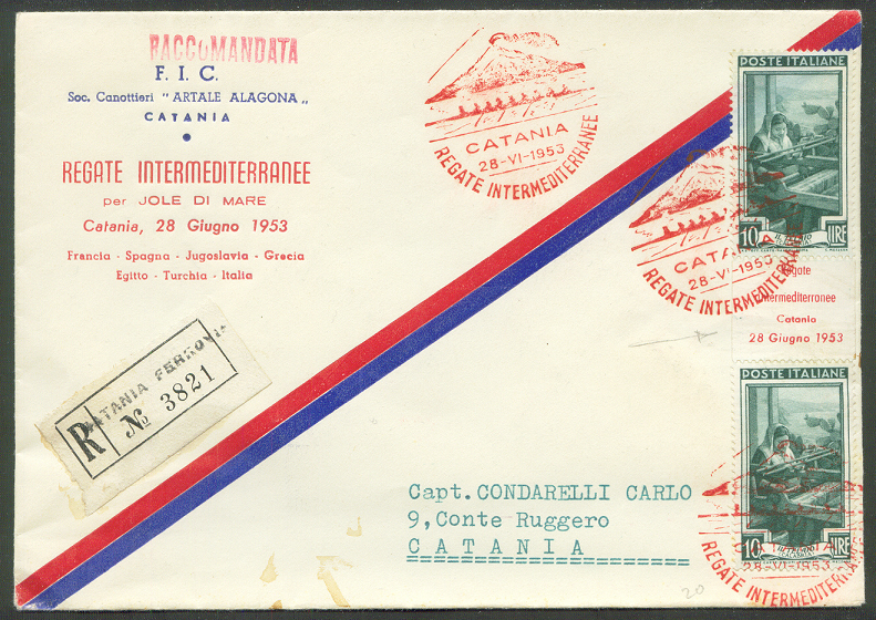 registered letter ita 1953 june 28th catania intermediterranean regatta with arrival pm on back
