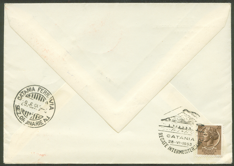 registered letter ita 1953 june 28th catania intermediterranean regatta with arrival pm on back reverse