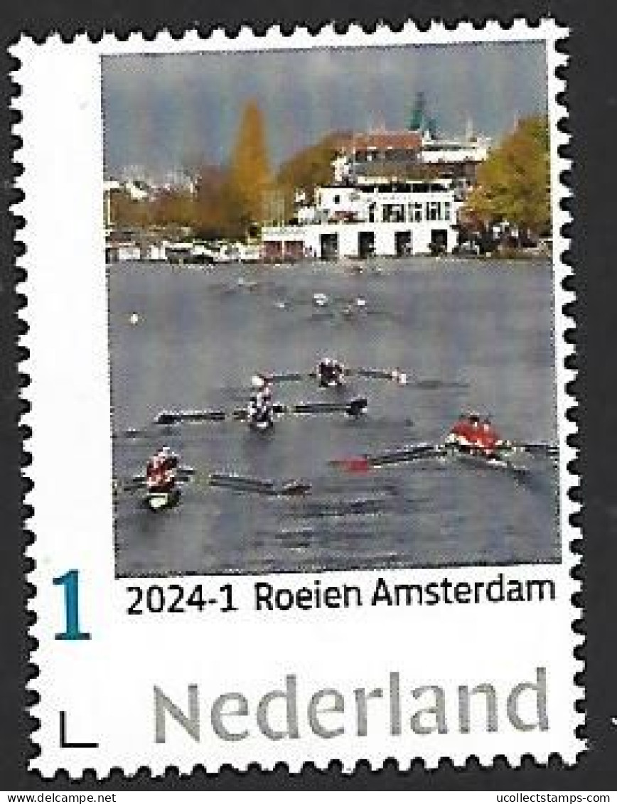 Stamp NED 2024 2 boats on the Amstel river with boathouse in background personalized issue