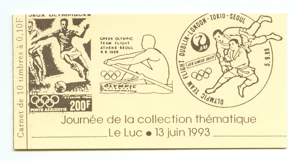 Stamp booklet FRA 1993 Journée de la collection thematique cancel Greek Olympic team flight Athens Seoul 1988
