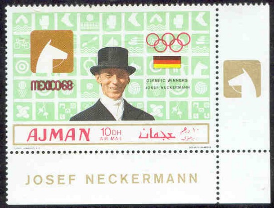 stamp ajman 1969 march 1st og mexico gold medal winners mi 451 a j. neckermann pictogram 