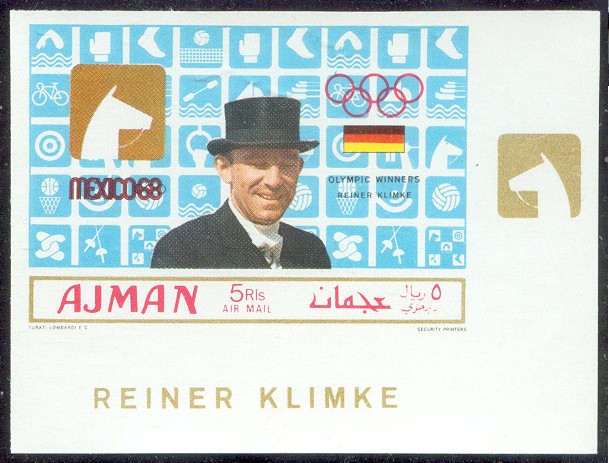 stamp ajman 1969 march 1st og mexico gold medal winners mi 452 b imperforated r. klimke pictogram 
