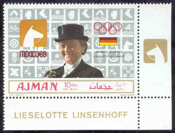 stamp ajman 1969 march 1st og mexico gold medal winners mi 453 a l. linsenhoff pictogram 