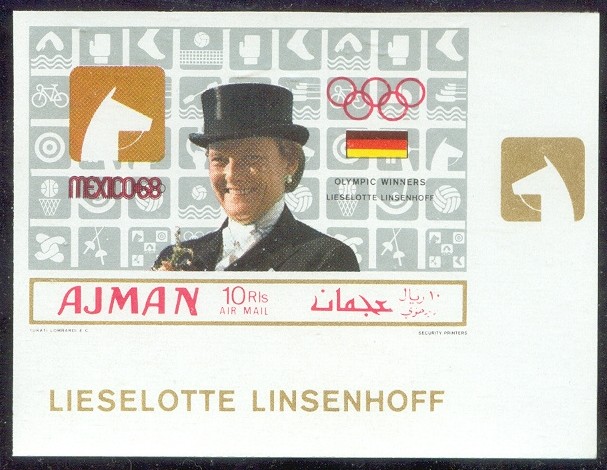 stamp ajman 1969 march 1st og mexico gold medal winners mi 453 b imperforated l. linsenhoff pictogram 