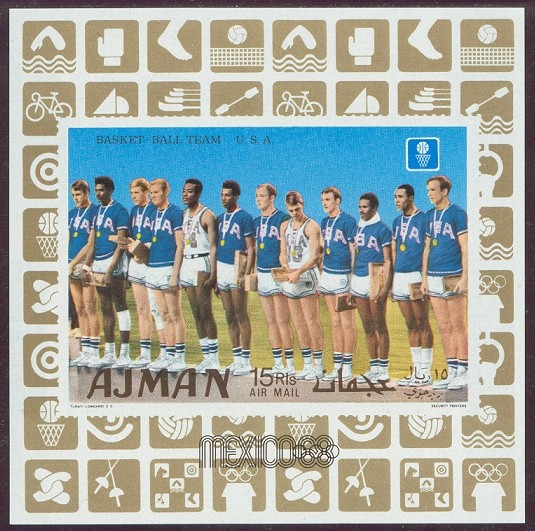 stamp ajman 1969 march 1st ss mi bl. 125 b imperforated og mexico 1968 basketball pictogram in margin 