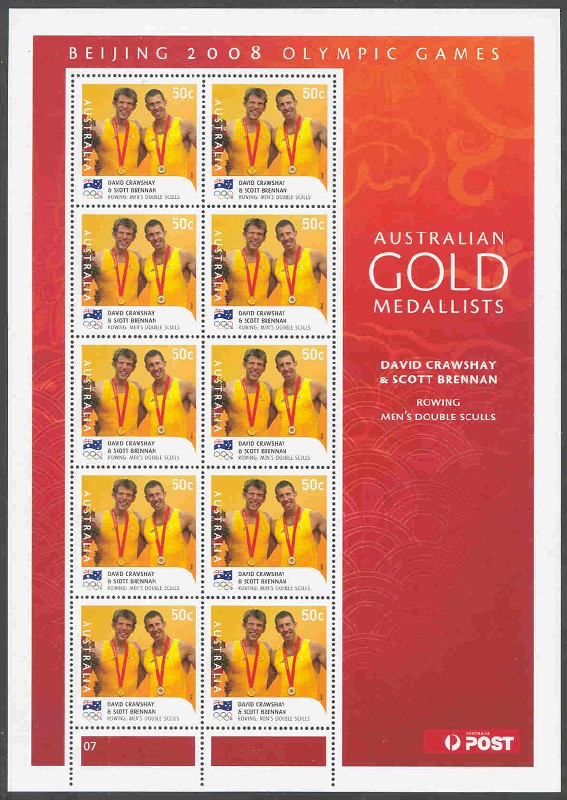 stamp aus 2008 aug. 18th mi 3058 ii ms og beijing gold medal winners david crawshay scott brennan m2x 