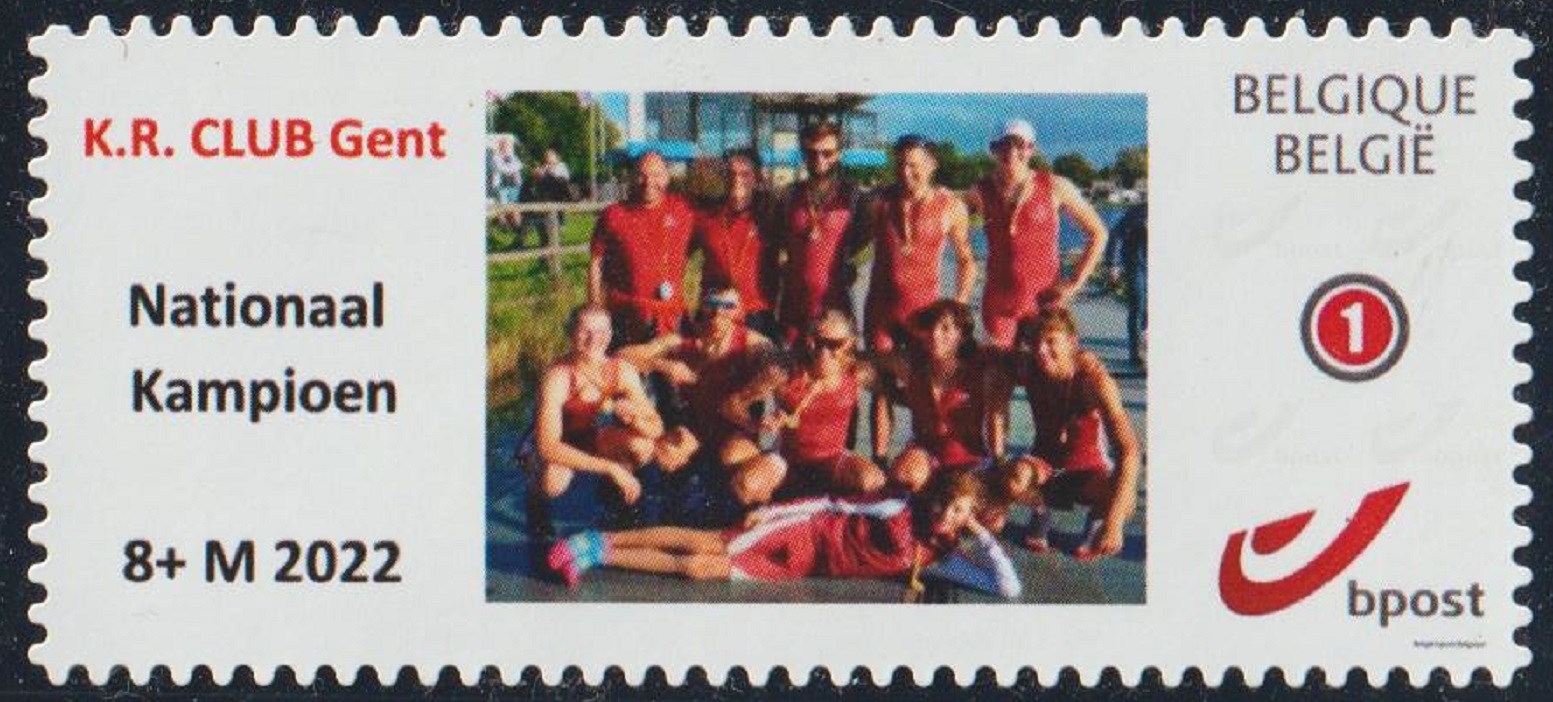 Stamp BEL 2022 personalized issue for BEL K.R.Club Ghent M8 crew with two coaches