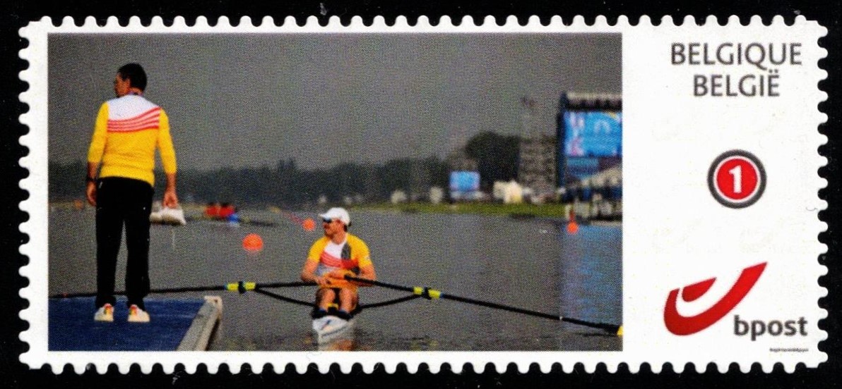 Stamp BEL 2024 personalized issue Tim Brys BEL 4th place in the M1X competition OG Paris and his coach Dirk Crois