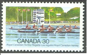 stamp can 1982 aug. 4th royal canadian henley regatta anniversary mi 848 4 race passing finish tower 