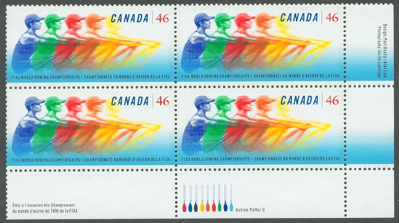 stamp can 1999 aug. 22nd wrc st. catherines mi 1786 block of 4 with label in french label with 9 oars