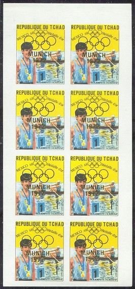 stamp cha 1972 febr. 7th gold medal winners at og mexico with golden imprint munich 1972 olympic rings mi 482 imperforated complete sheet of 8