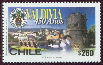 stamp chi 2002 valdivia 450 years mi 2062 4x in yellow boat 