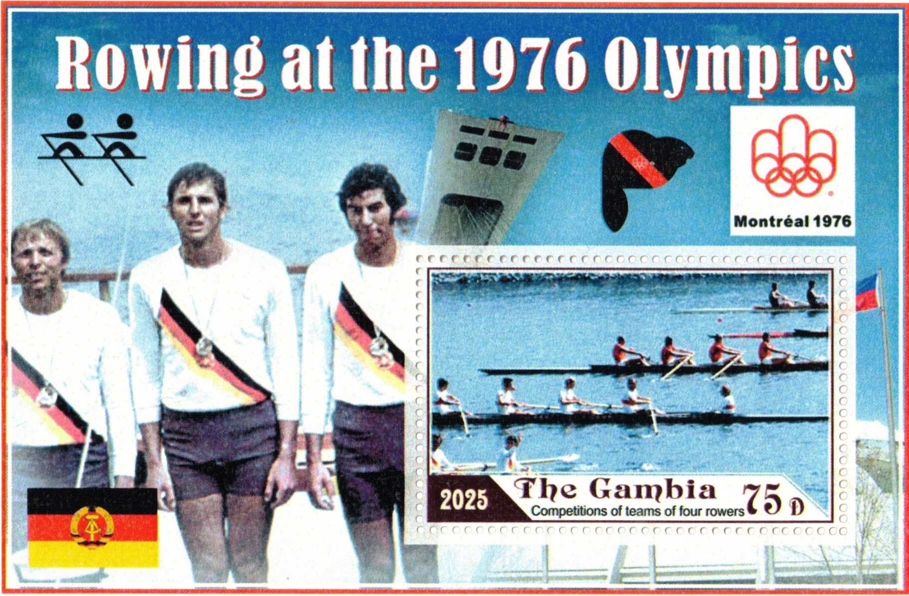 Stamp GAM 2025 SS unauthorized issue Rowing at OG Montreal Harald Jaehrling Ulrich Friedrich cox Georg Spohr GDR M2 gold medal winners on the left side and medl winning M4 crews on the stamp