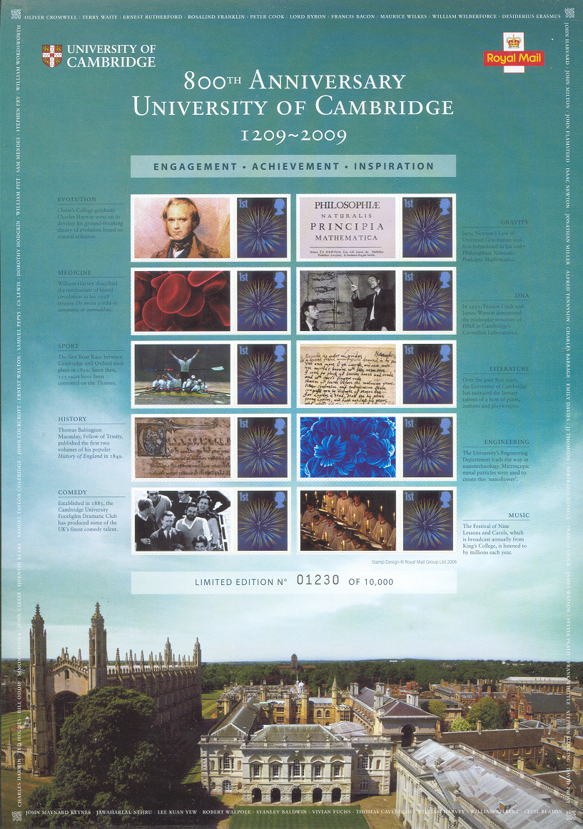 stamp gbr 2009 ms with 10 x mi 2455 ii issued 2006 oct. 17th 800th anniversary university of cambridge