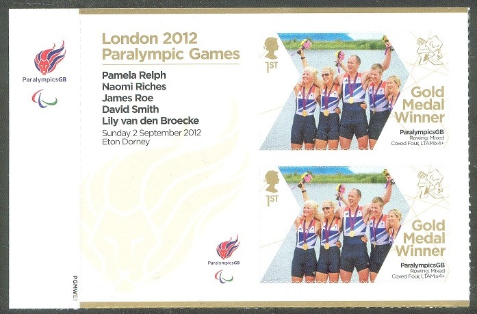 stamp gbr 2012 sept. 3rd ms paralympic games london ltamix 4 gold medal for p. relph n. riches j. roe d. smith cox l. van den broecke gbr