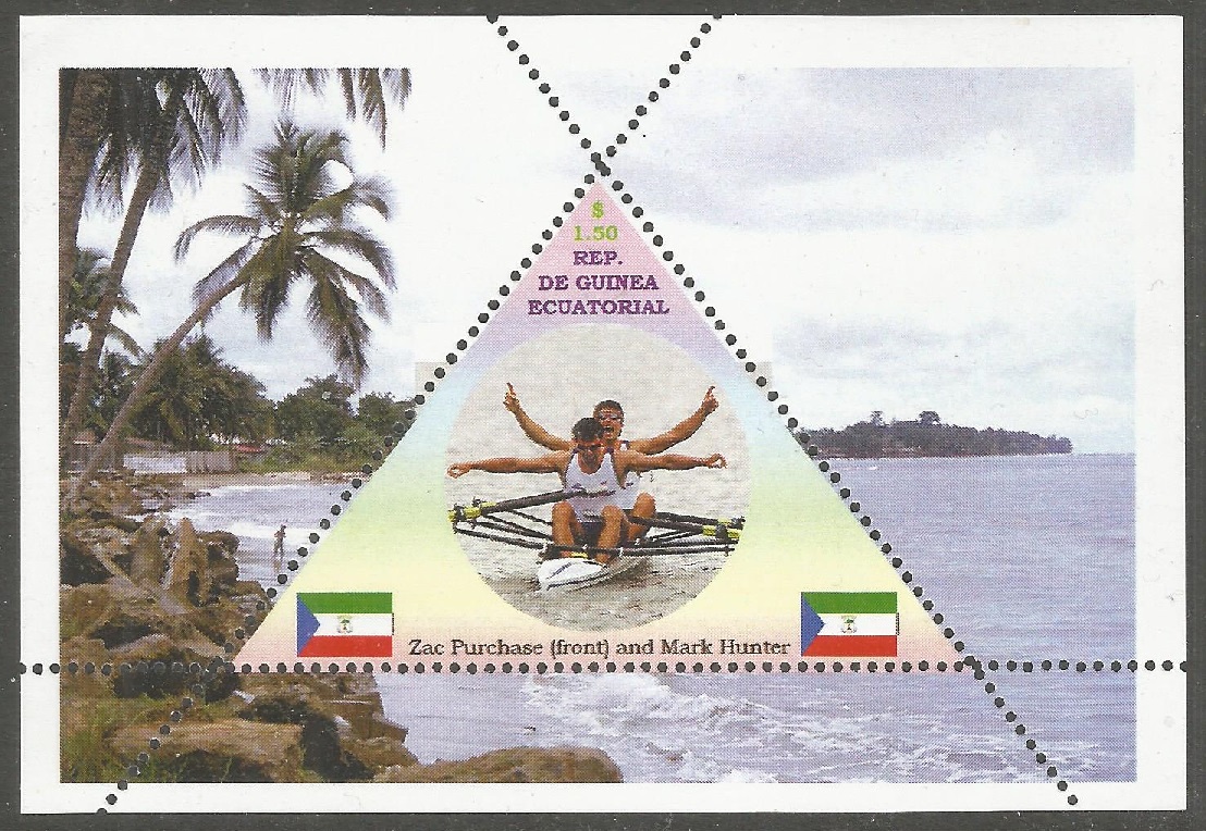 Stamp GEQ unauthorized undated issue depicting Zag Purchase Mark Hunter GBR LM2X gold medal winners OG Beijing 2008