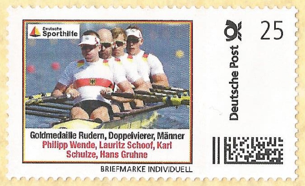 Stamp GER 2016 Deutsche Sporthilfe OG Rio de Janeiro M4X gold medal winner crew GER close view
