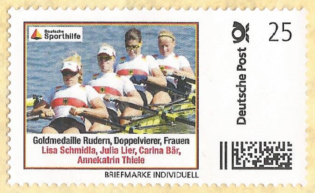 Stamp GER 2016 Deutsche Sporthilfe OG Rio de Janeiro W4X gold medal winner crew GER close view