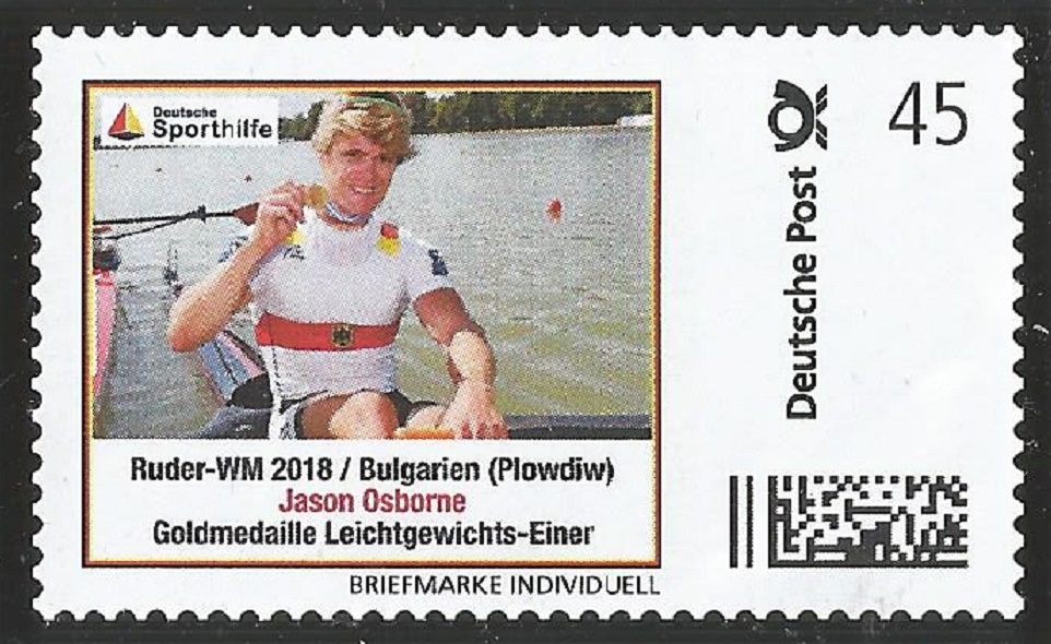 Stamp GER 2018 Deutsche Sporthilfe LM1X gold medal win for GER at WRC Plowdiw BUL.jpg so002