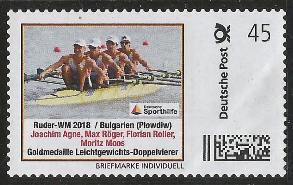 Stamp GER 2018 Deutsche Sporthilfe LM4X gold medal win for GER at WRC Plowdiw BUL