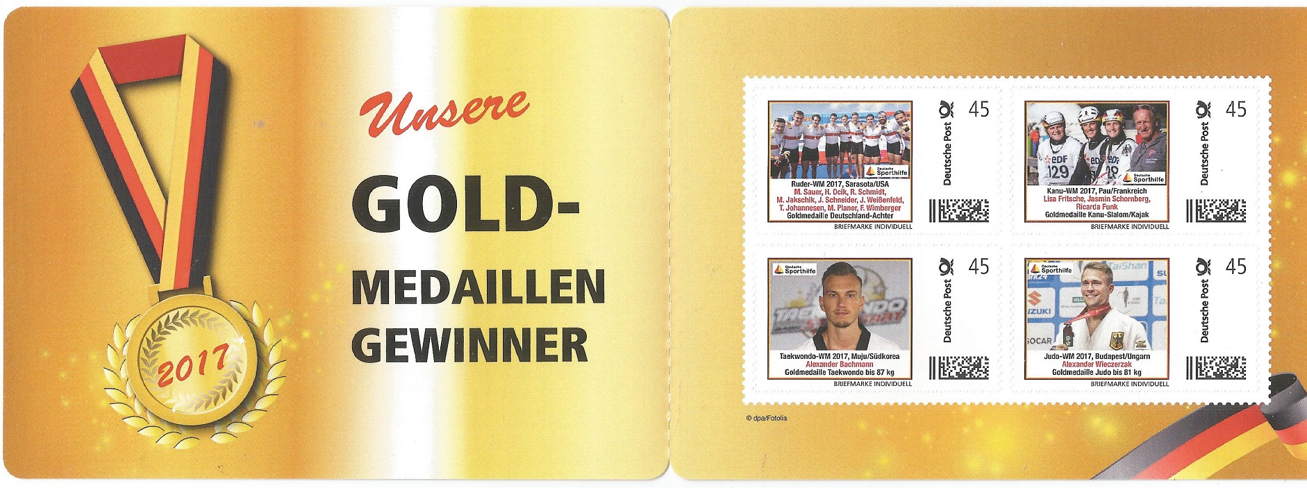 Stamp GER 2018 Deutsche Sporthilfe booklet with German M8 crew gold medal winner at WRC Sarasota USA 2017