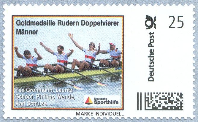 stamp ger 2012 deutsche sporthilfe m4x gold medal win for tim gromann lauritz schoof phillipp wende karl schulze ger