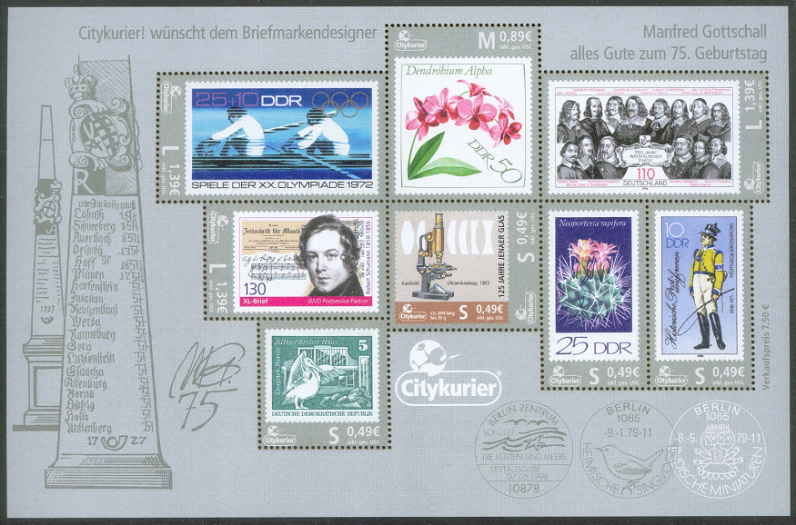 stamp ger 2012 jan. 16th ss citykurier 75th birthday of stamp designer manfred gottschall