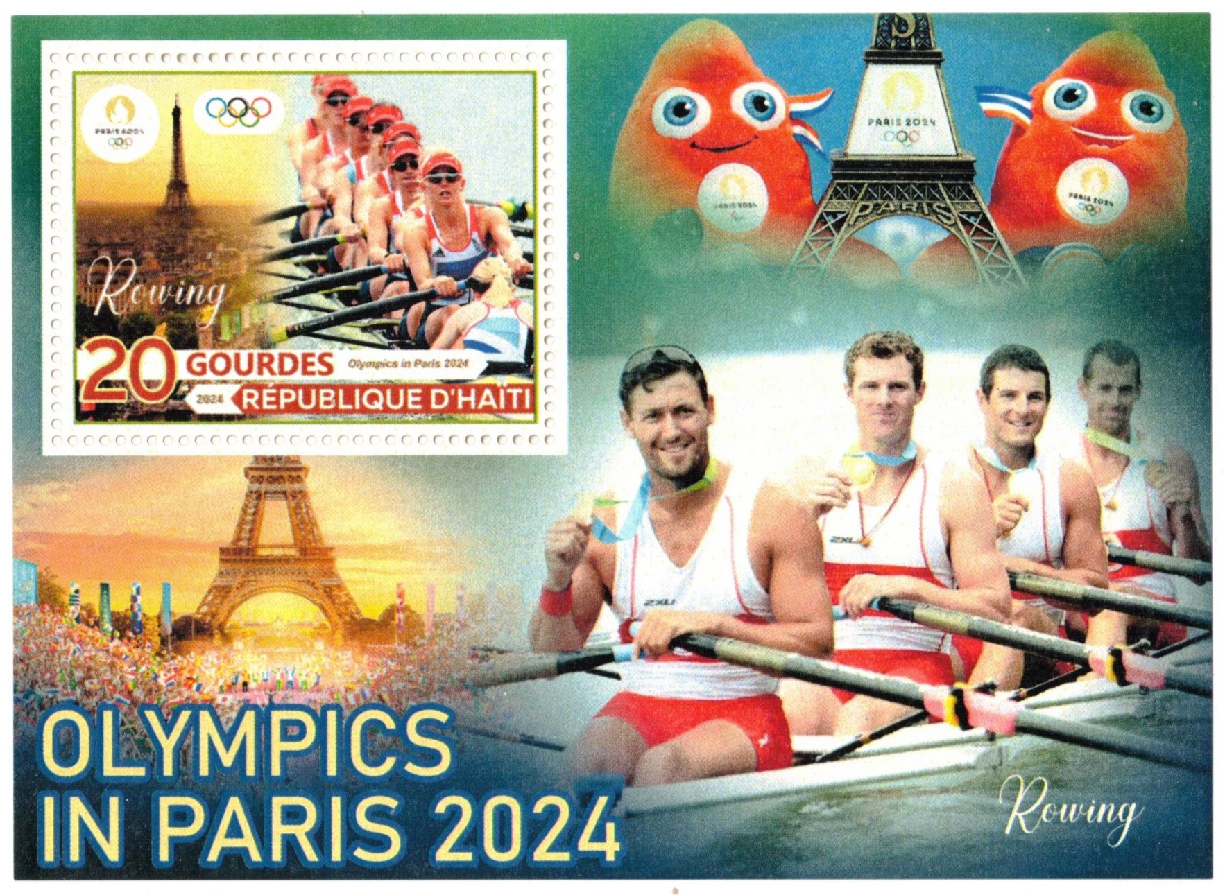 Stamp HAI 2024 SS OG Paris unauthorized issue Olympics in Paris 2024 M8 crew on stamp in upper left corner and M4X on tab