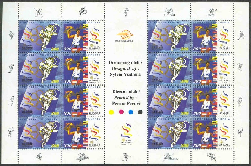 stamp ina 1977 sept. 9th south east asian games ms mi 1790 91 with rowing mascot in lower margin