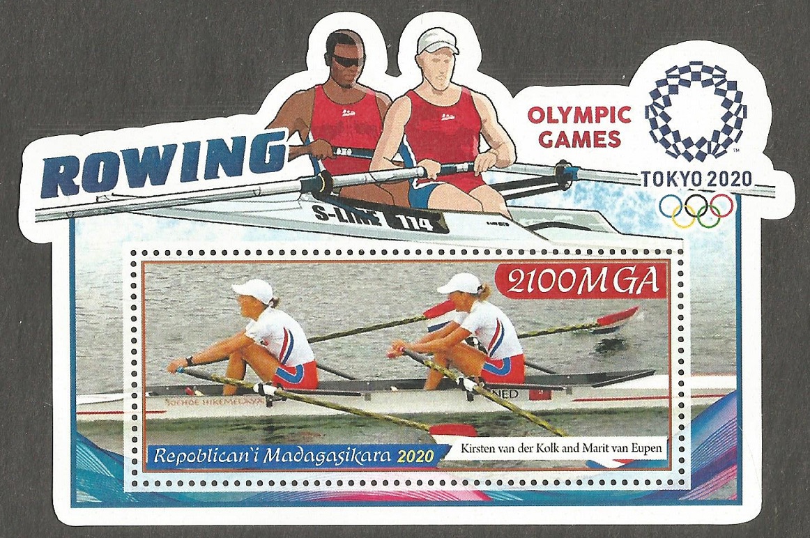 Stamp MAD 2020 unauthorized issue Kirsten van der Kolk Marit van Eupen NED LW2X gold medal winners OG Beijing 2008