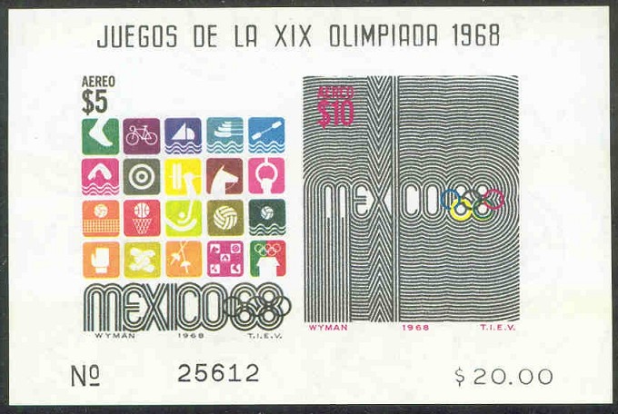 stamp mex 1968 oct. 12th og mexico mi bl. 18 stamps mi 1291 1292 pictograms logo of the games 