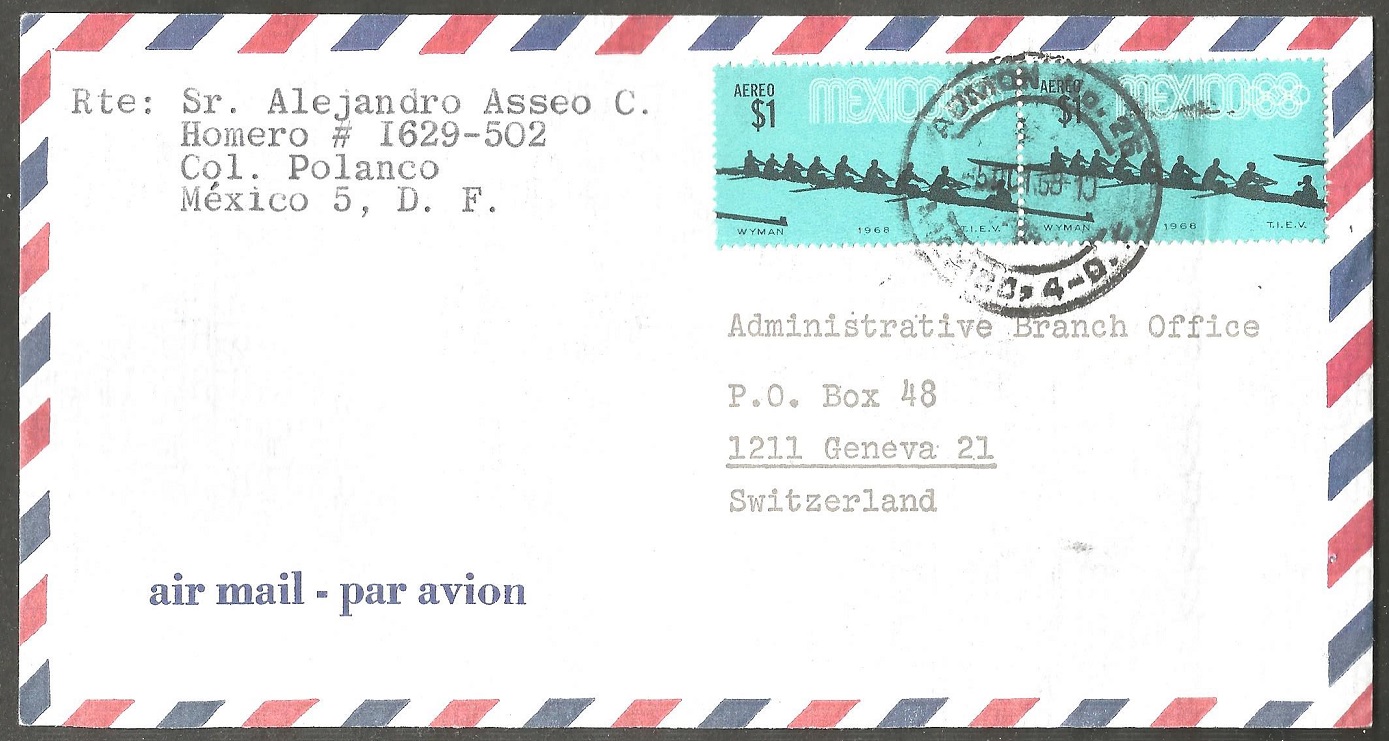 stamp mex 1968 og mexico on air mail cover