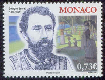 Stamp MON 2009 May 14th Mi 2945 Georges Seurat Painting A Sunday Afternoon in background