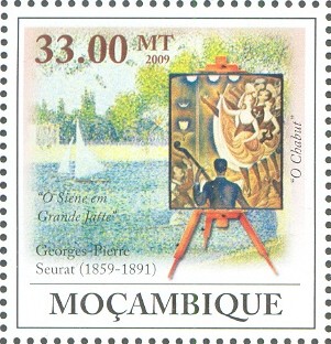 stamp moz 2009 g. p. seurat painting the seine at the isle of grande jatte in the spring 
