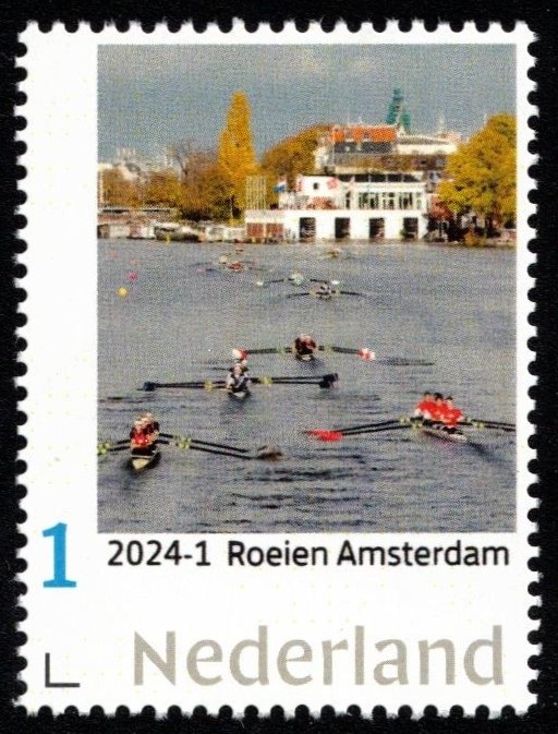 Stamp NED 2024 2 boats on the Amstel river with boathouse in background personalized issue.jpg