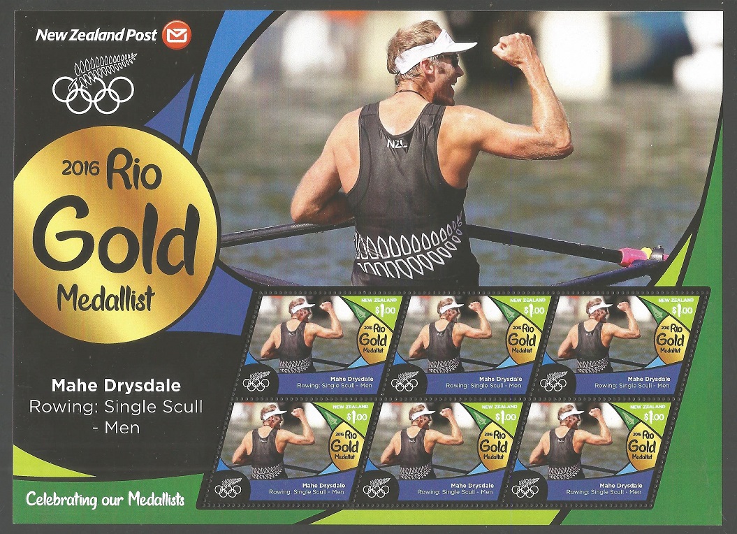 Stamp NZL 20116 MS OG Rio de Janeiro M1x gold medal winner Mahe Drysdale