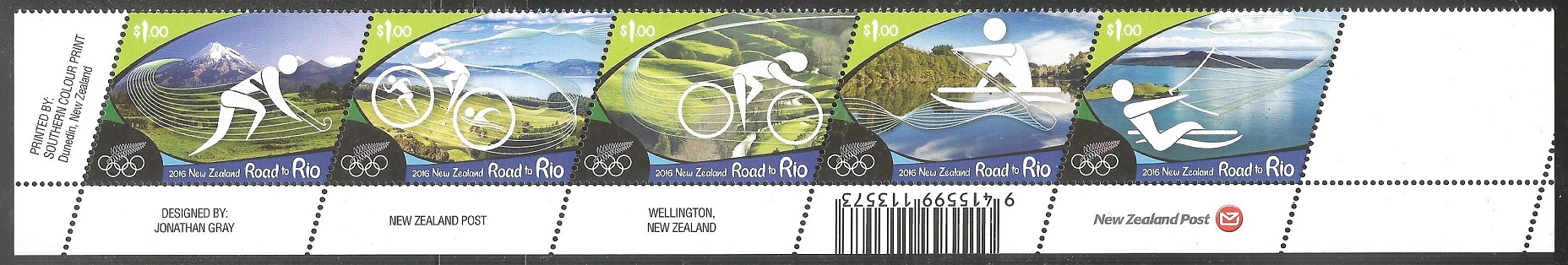 Stamp NZL 2016 July 6th Road to Rio strip of five stamps