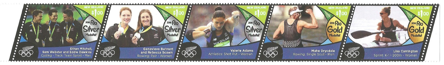 Stamp NZL 2016 OG Rio de Janeiro strip of five se tenant medal winner stamps with medal winners with including W2 and M1X. jpg