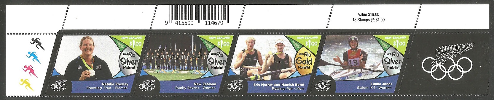 Stamp NZL 2016 OG Rio de Janeiro strip of four se tenant medal winner stamps with M2 gold medal winners Eric Murray Hamish Bond